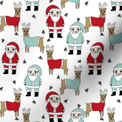 santa and reindeer // christmas fabric cute hand-drawn mint and red illustration kids christmas fabric cute xmas holiday fabrics