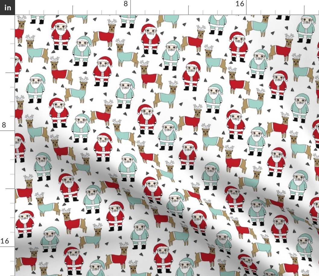 santa and reindeer // christmas fabric cute hand-drawn mint and red illustration kids christmas fabric cute xmas holiday fabrics