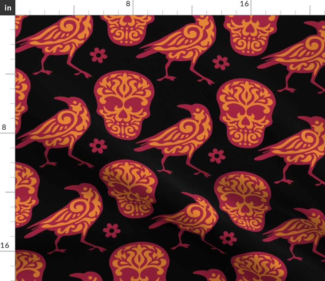 Skull Raven in Burgundy, Black, and Gold