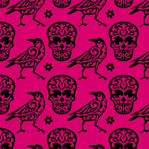 Skull Raven Damask in Hot Pink