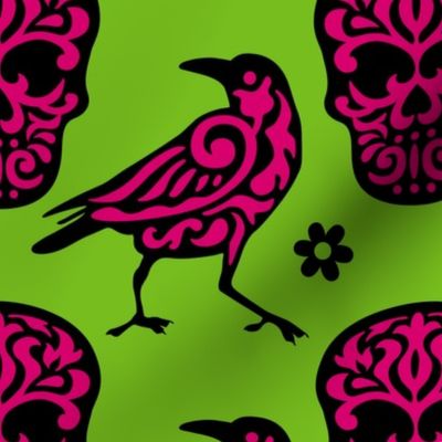 Skull Raven in Pink + Neon Green