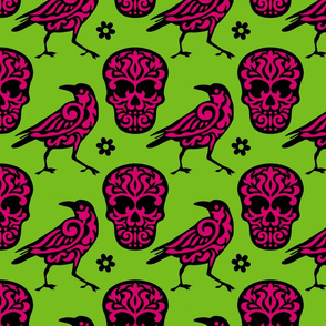 Skull Raven in Pink + Neon Green