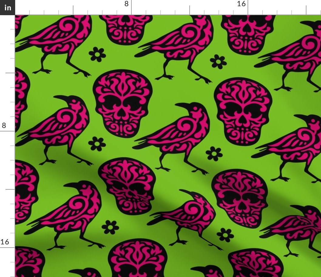 Skull Raven in Pink + Neon Green