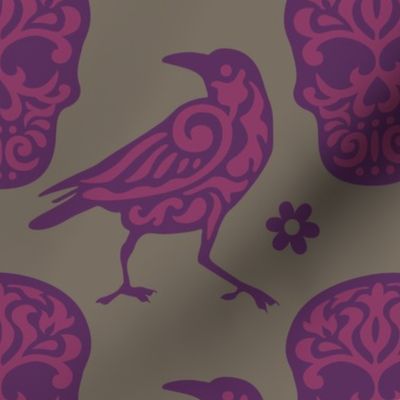 Skull Raven in Purple, Pink, and Gray