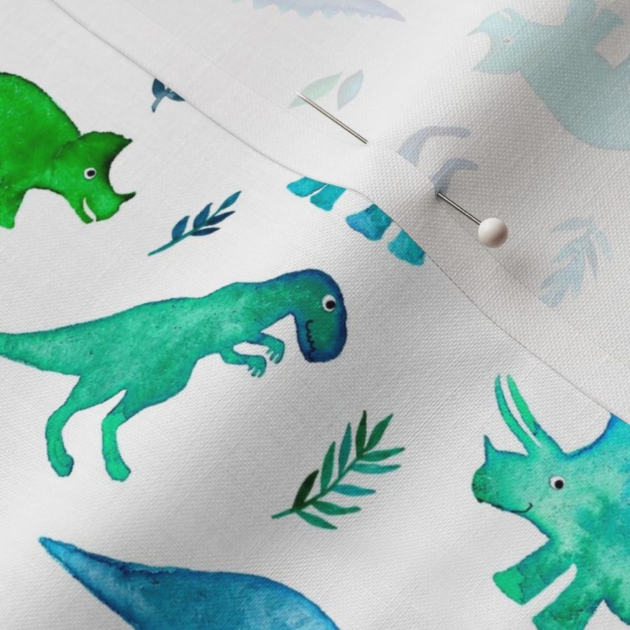 Tiny Dinos in Blue and Green on White Large Print Horizontal