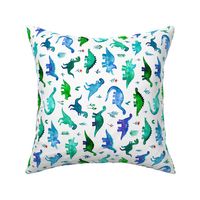 Tiny Dinos in Blue and Green on White Large Print Horizontal