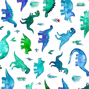 Tiny Dinos in Blue and Green on White Large Print Horizontal