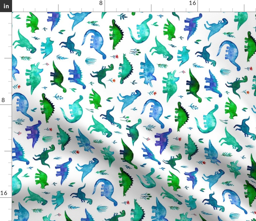 Tiny Dinos in Blue and Green on White Large Print Horizontal