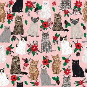 Cat Christmas florals mistletoe pink cat lady fabric for xmas