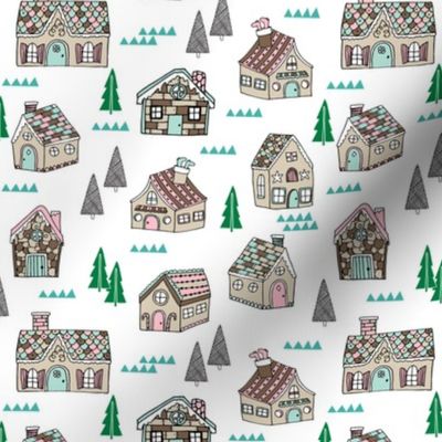 gingerbread houses // gingerbread house cute mint and pink food illustration holiday xmas christmas fabric by andrea lauren