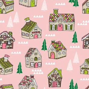 gingerbread houses // cute pink holiday christmas fabric hand-drawn food illustrations andrea lauren design christmas gingerbread house