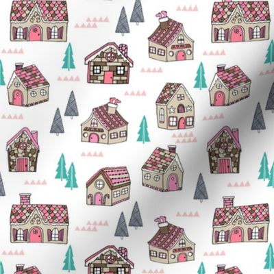 gingerbread houses // cute pink pastel christmas fabrics featuring gingerbread houses best xmas holiday cute gingerbread design for sewing clothes cute christmas fabrics