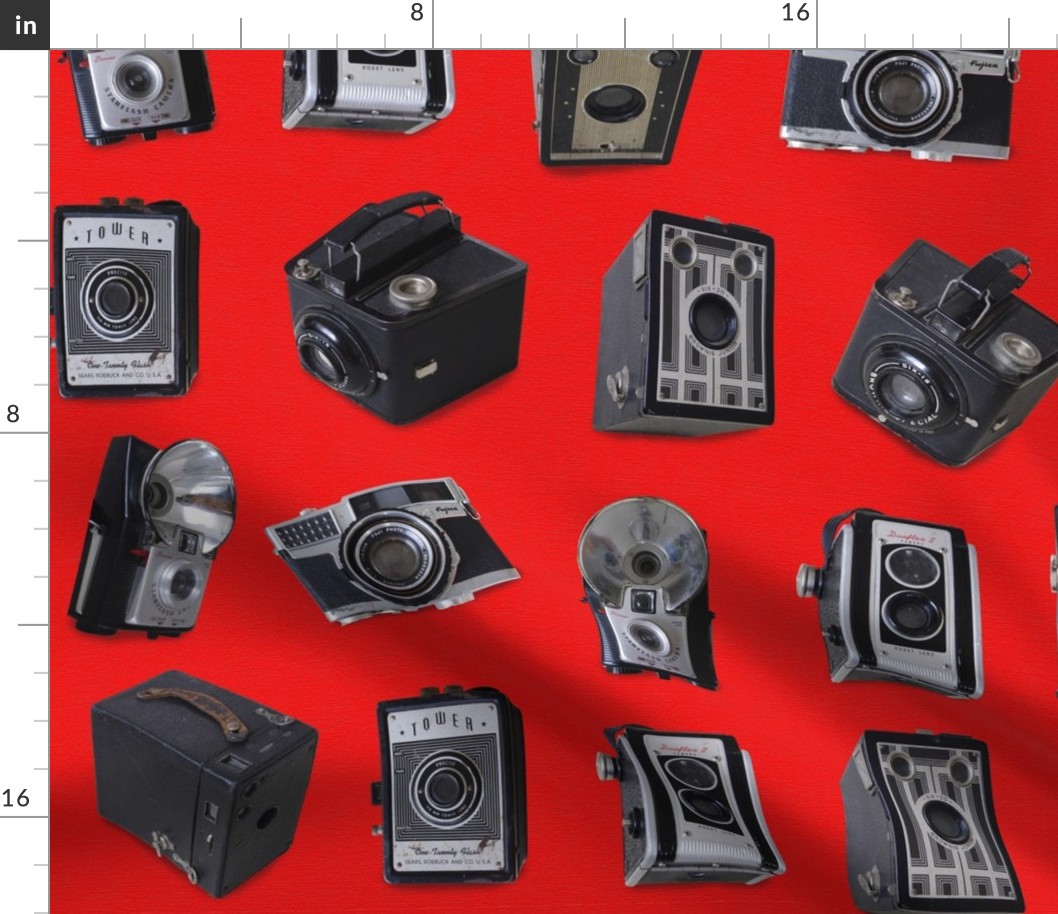 Vintage Cameras on red linen