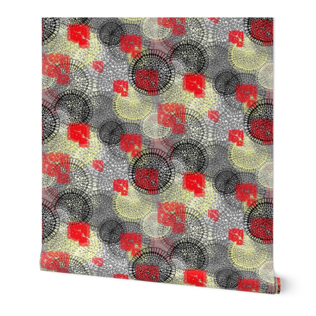 Lace Doilies Gift Wrap, yellow gray grey red black