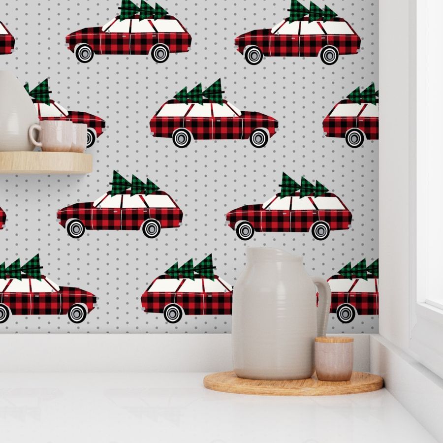 christmas wagon plaid christmas trees christmas fabric vintage retro christmas cars christmas trees on cars