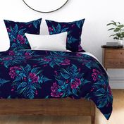 Parrot Tulips & Ferns - Navy / Pink - LARGE