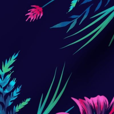 Parrot Tulips & Ferns - Navy / Pink - LARGE