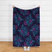 Parrot Tulips & Ferns - Navy / Pink - LARGE