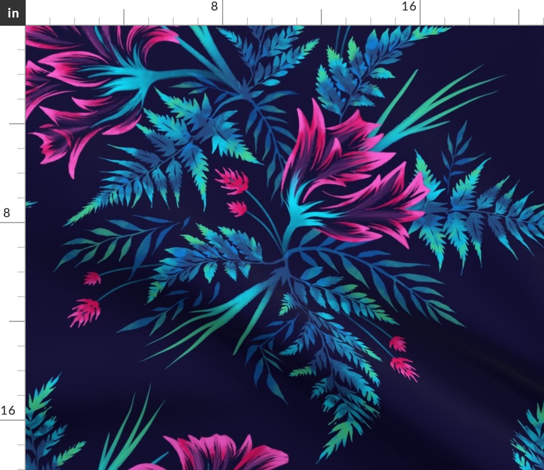 Parrot Tulips & Ferns - Navy / Pink - LARGE