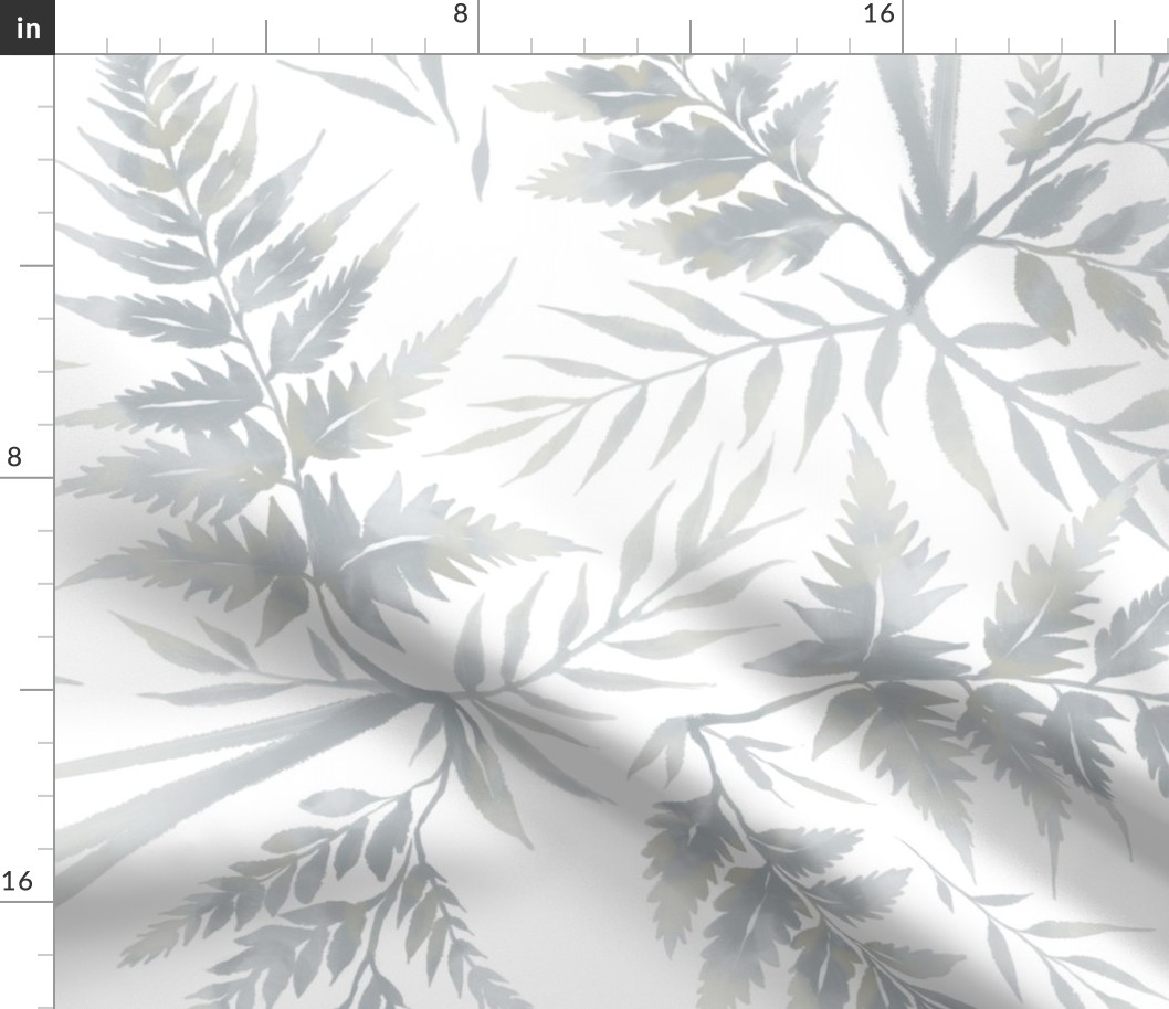 Watercolor Fern Leaves - White / Grey - LARGE