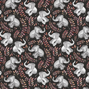 Laughing Baby Elephants with coral leaves - small print