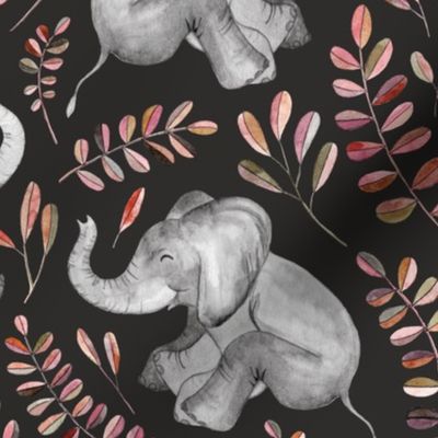 Laughing Baby Elephants with coral leaves - large print