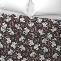 Laughing Baby Elephants with coral leaves - large print