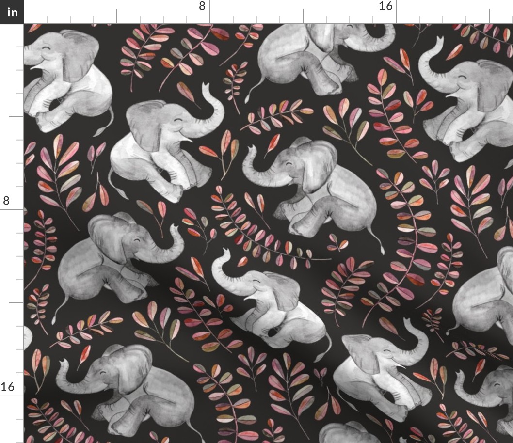 Laughing Baby Elephants with coral leaves - large print