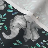 Laughing Baby Elephants with Emerald and Turquoise leaves - small print