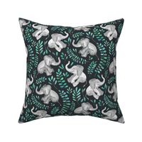 Laughing Baby Elephants with Emerald and Turquoise leaves - small print