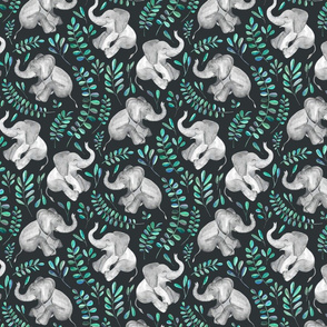 Laughing Baby Elephants with Emerald and Turquoise leaves - small print