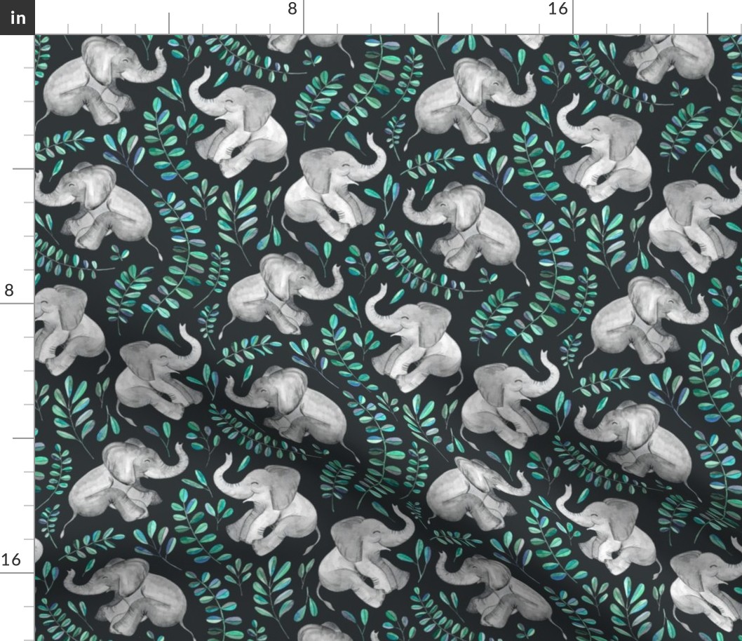 Laughing Baby Elephants with Emerald and Turquoise leaves - small print