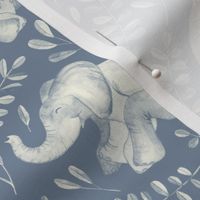 Laughing Baby Elephants - monochrome soft blue and cream