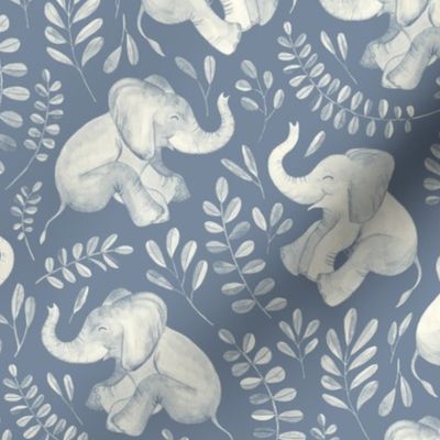 Laughing Baby Elephants - monochrome soft blue and cream