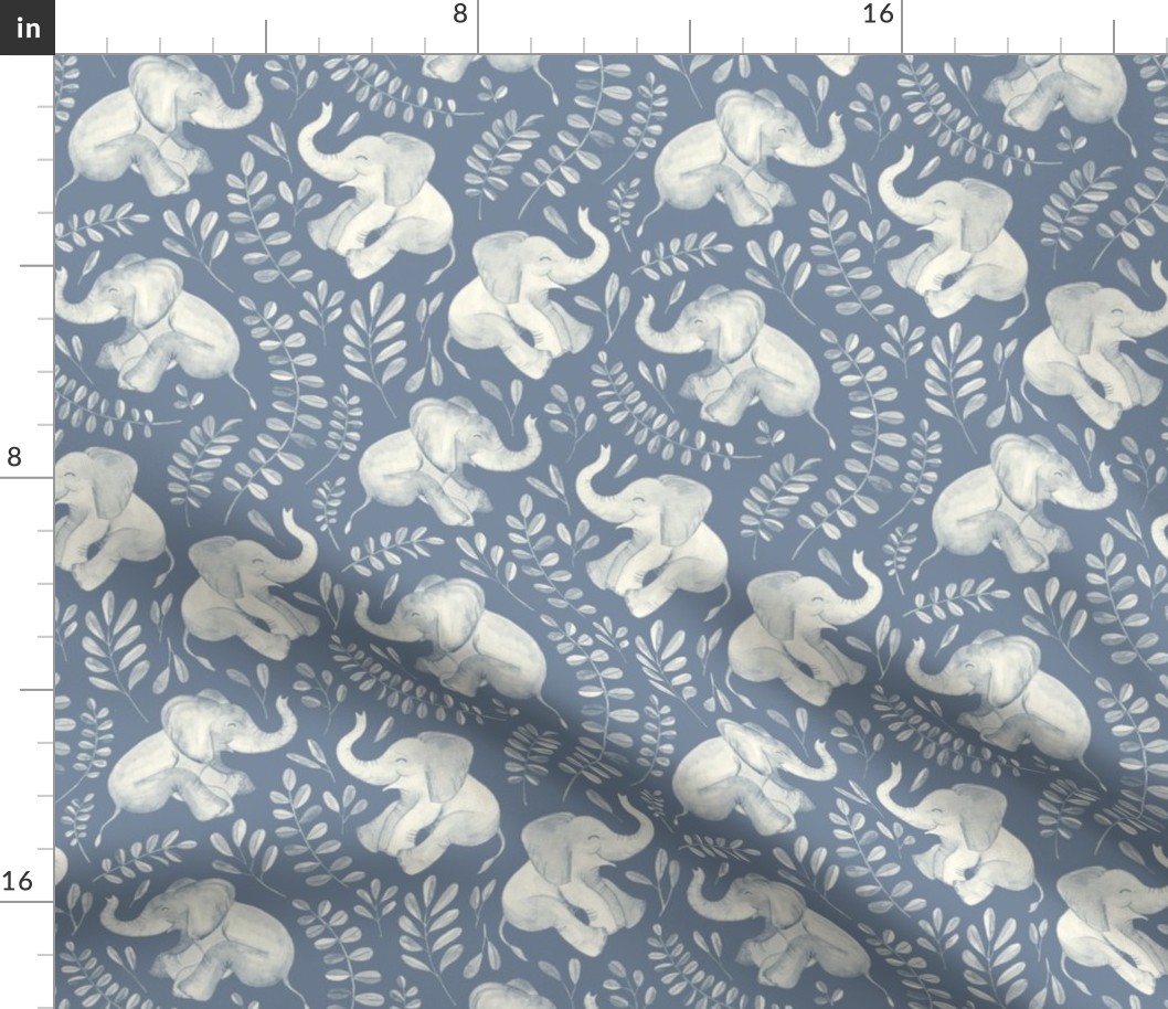 Laughing Baby Elephants - monochrome soft blue and cream