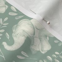 Laughing Baby Elephants - monochrome sage green and cream