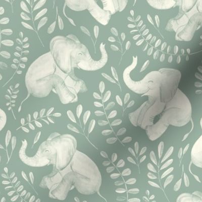 Laughing Baby Elephants - monochrome sage green and cream