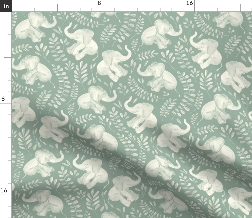 Laughing Baby Elephants - monochrome sage green and cream