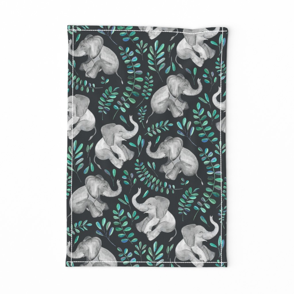 Laughing Baby Elephants with Emerald and Turquoise leaves - large print