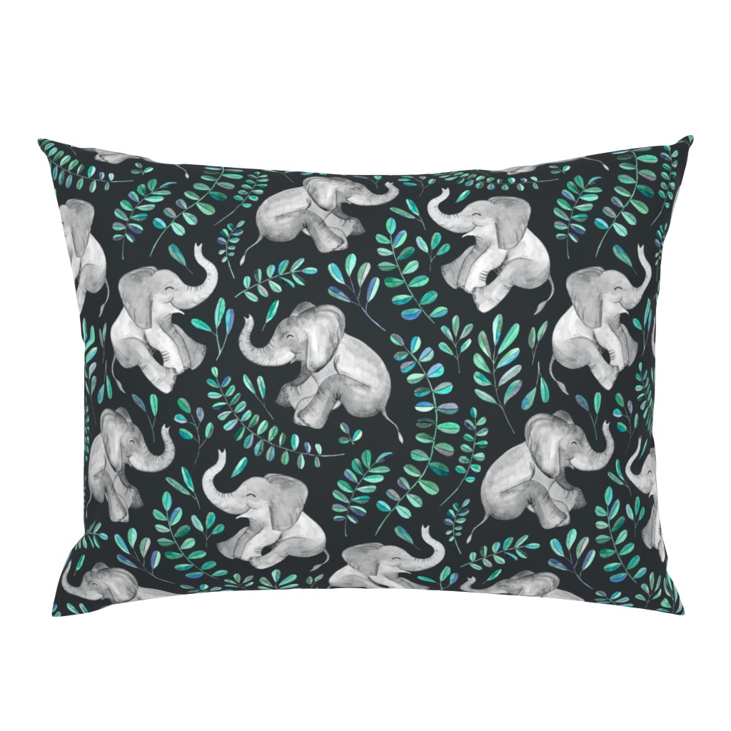 Laughing Baby Elephants with Emerald and Turquoise leaves - large print