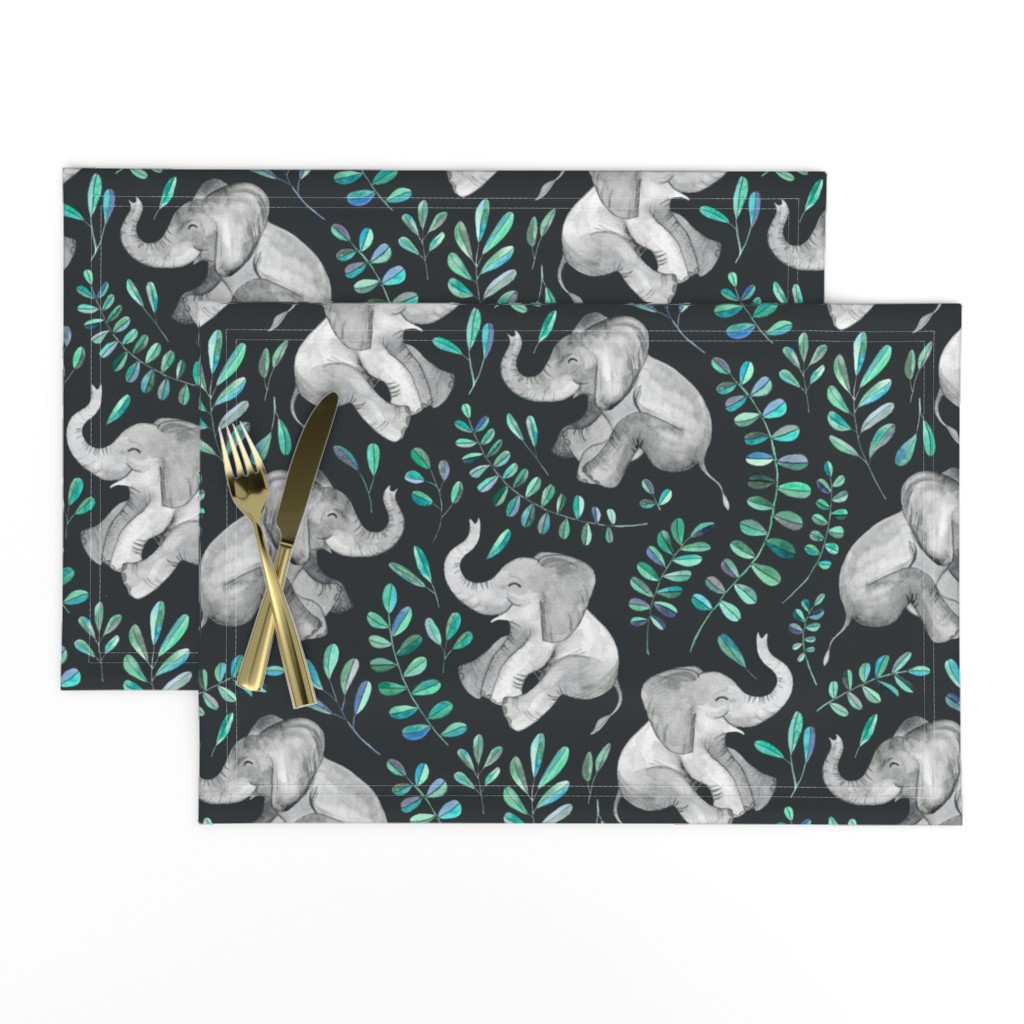 Laughing Baby Elephants with Emerald and Turquoise leaves - large print