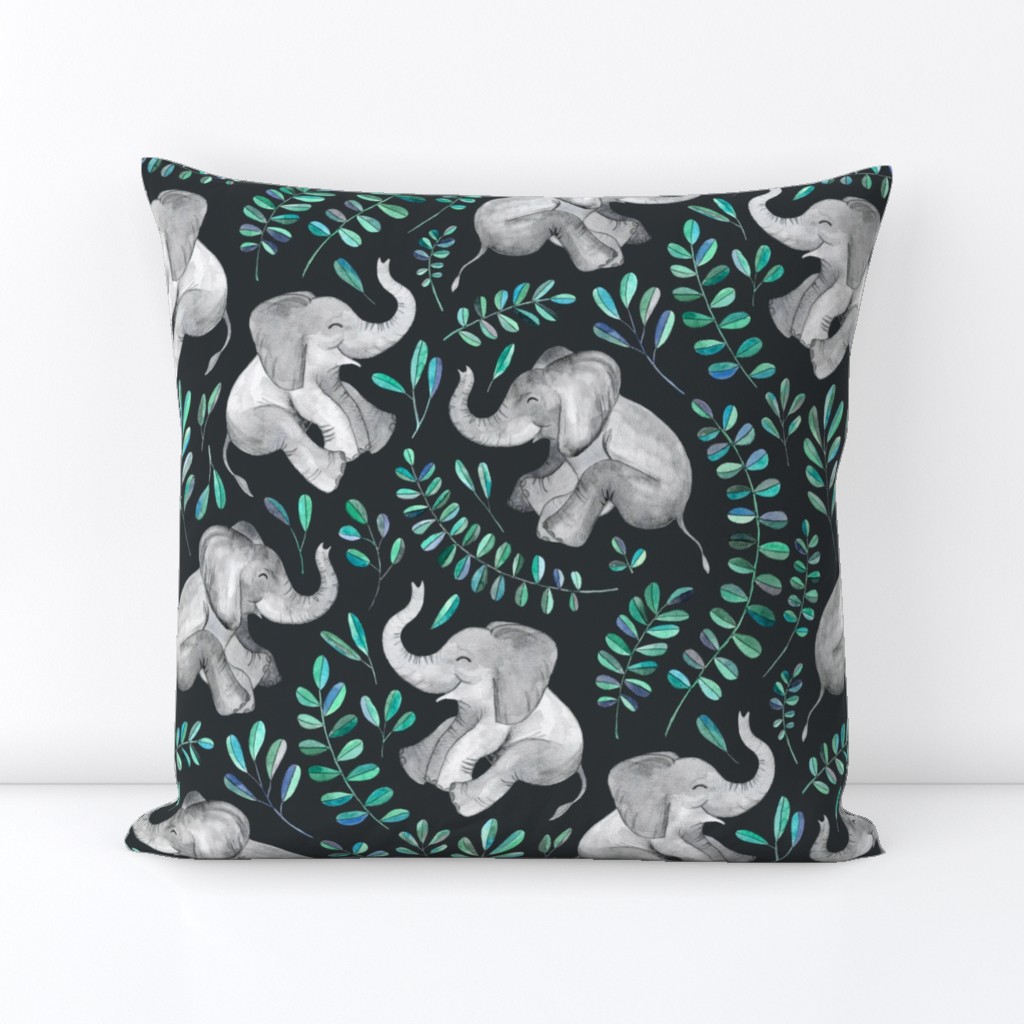 Laughing Baby Elephants with Emerald and Turquoise leaves - large print