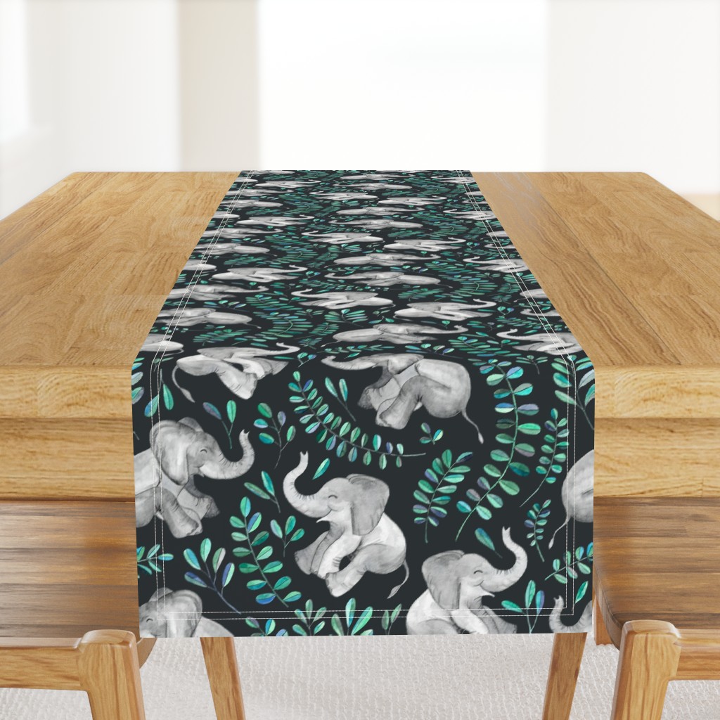 Laughing Baby Elephants with Emerald and Turquoise leaves - large print