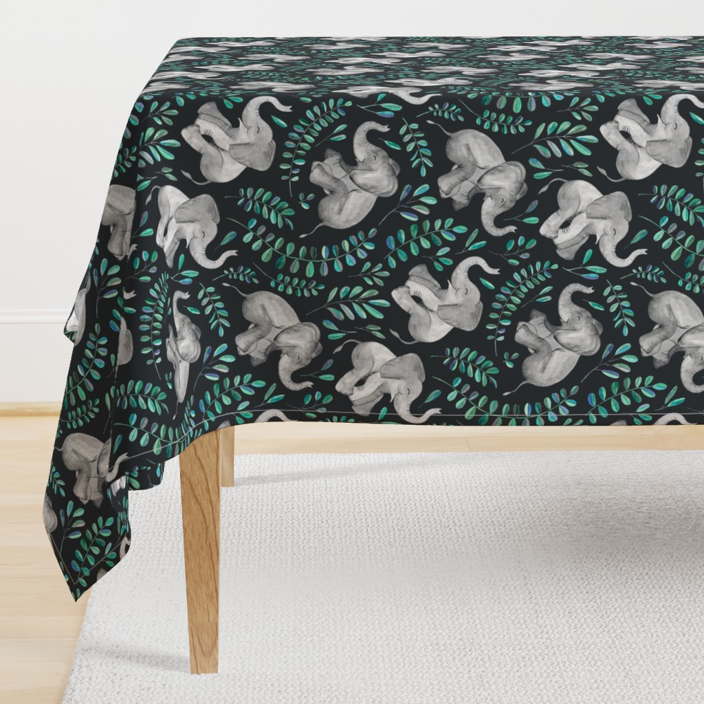 Laughing Baby Elephants with Emerald and Turquoise leaves - large print