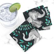 Laughing Baby Elephants with Emerald and Turquoise leaves - large print