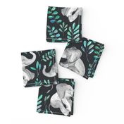 Laughing Baby Elephants with Emerald and Turquoise leaves - large print