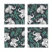 Laughing Baby Elephants with Emerald and Turquoise leaves - large print