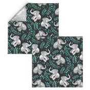 Laughing Baby Elephants with Emerald and Turquoise leaves - large print