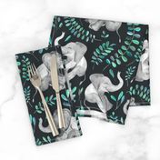 Laughing Baby Elephants with Emerald and Turquoise leaves - large print