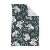 Laughing Baby Elephants with Emerald and Turquoise leaves - large print